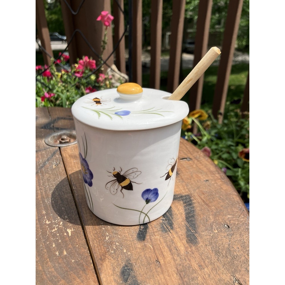Eddie Bauer Bee Honey Pot Jar w Dipper Made in Italy Hand Painted Ceramic